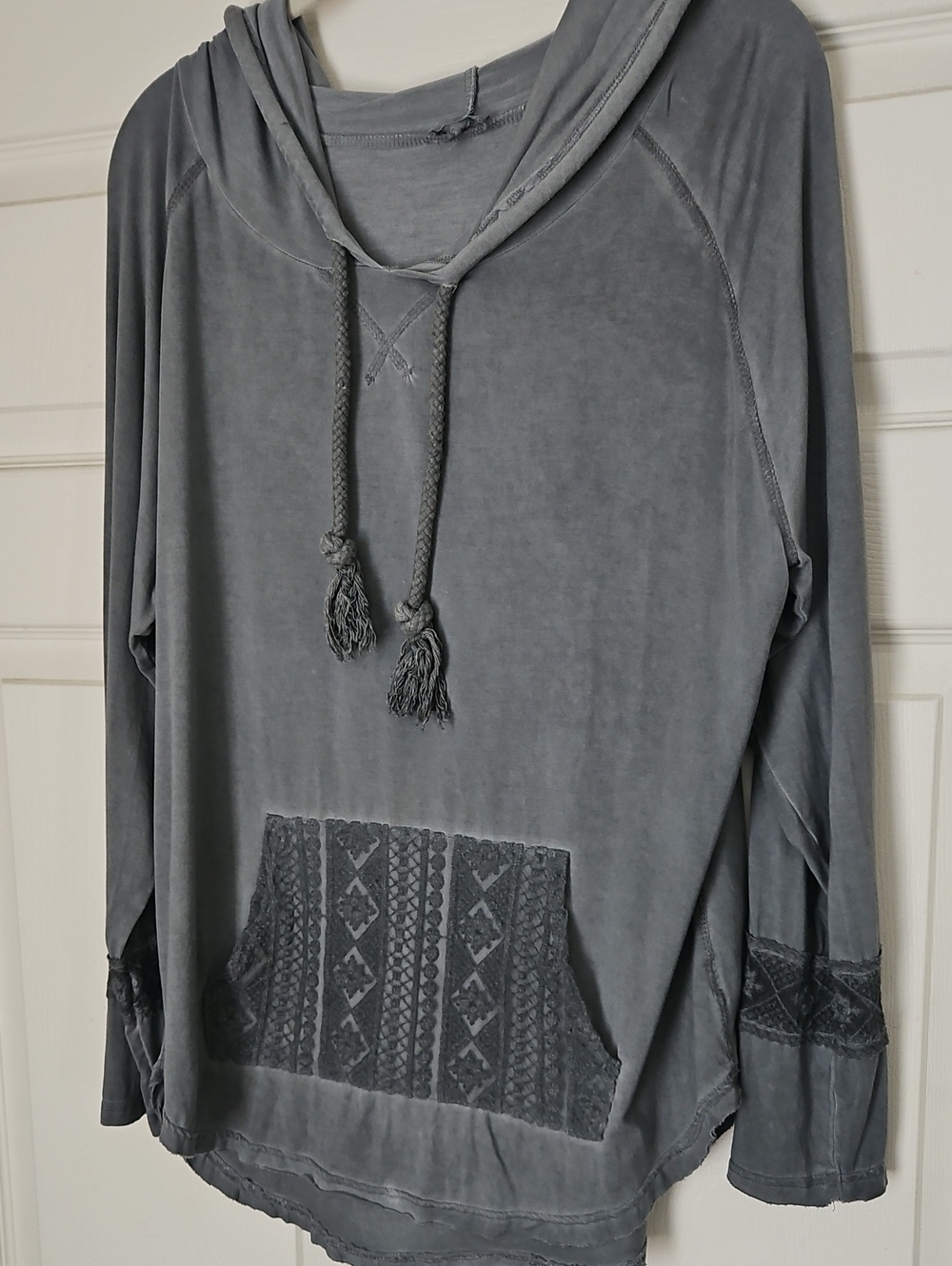 POL Washed Gray Hooded Pullover with Tassel Drawstrings